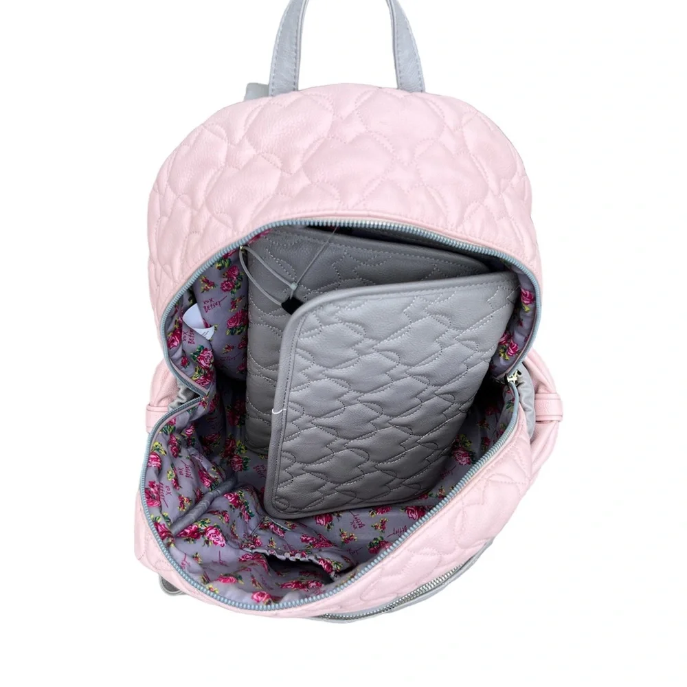 Betsey Johnson Pink and Gray True to Your Heart Quilted Backpack Diaper‎ Bag